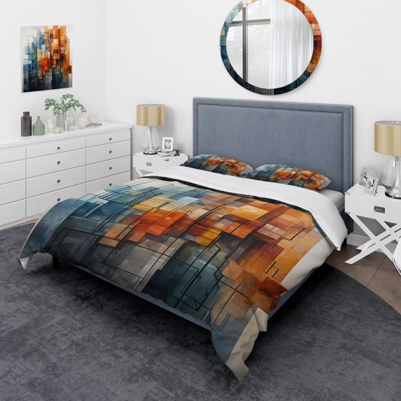 Designart "Abstract Cityscape Skyscrapers in Cubism" Abstract Shapes Bedding Covert Set - Abstract Orange Modern Bed Set With 2 Shams