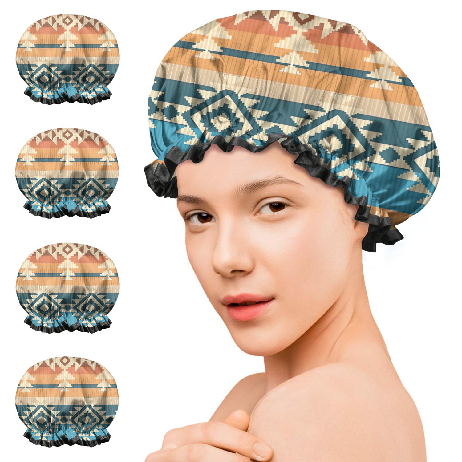 Shower Caps,Brown Ethnic Geometric Pattern Waterproof Shower Cap for Women 4 Pieces,Double Reusable Hair Cover for Shower PEVA Elastic Stretch Hem