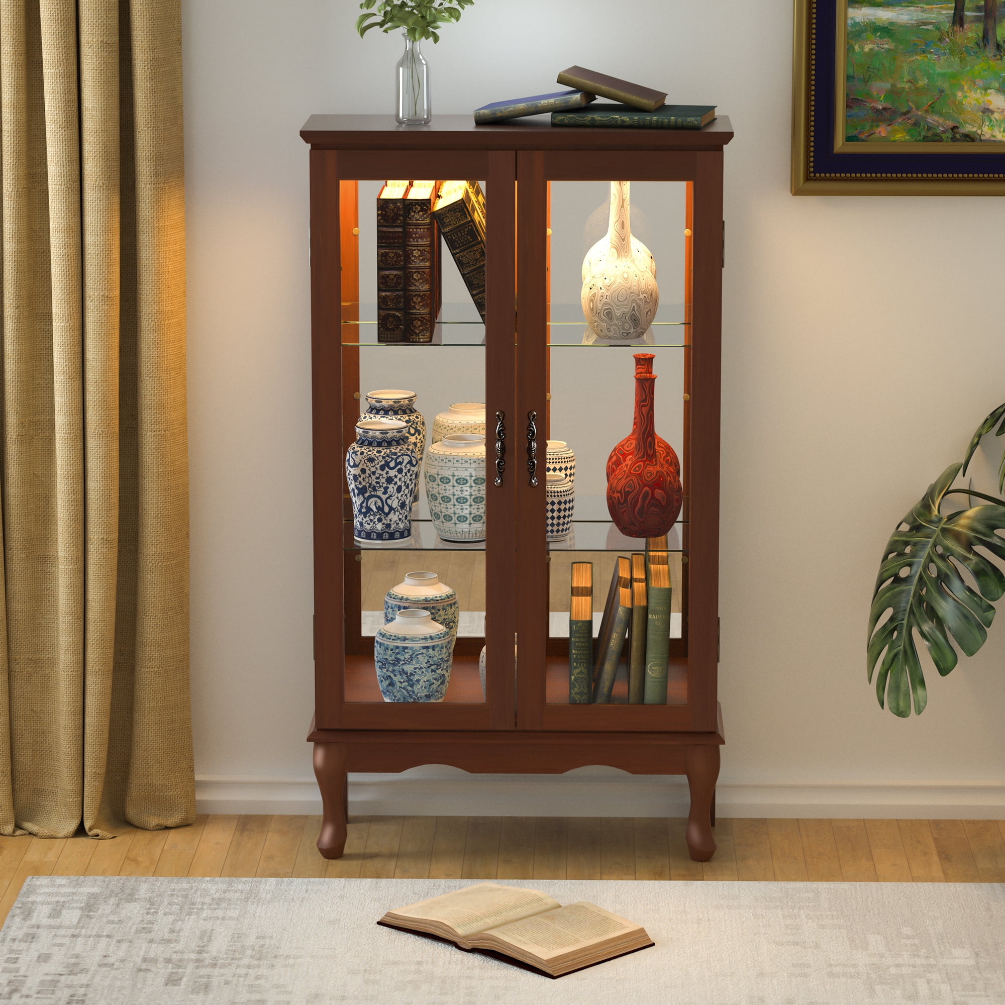 Miniyam 3 Tier Curio Cabinet Lighted Curio Diapaly Cabinet with Adjustable Shelves and Mirrored Back Panel,Walnut