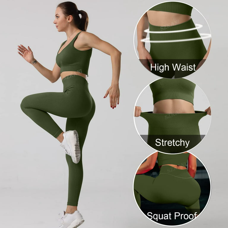 RQYYD Women Ribbed Seamless Leggings High Waisted Workout Gym Yoga Pants  Butt Lifting Tummy Control Tights Green S