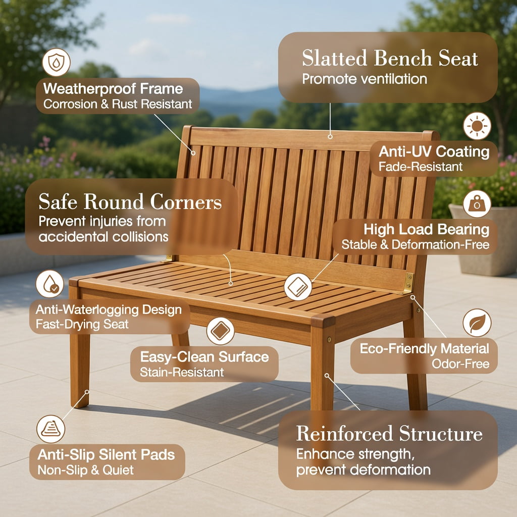 Hommoo Acacia Wood Outdoor Dining Bench, 48" Patio Bench for Garden, Deck & Entryway, Sturdy Slatted Design, Natural