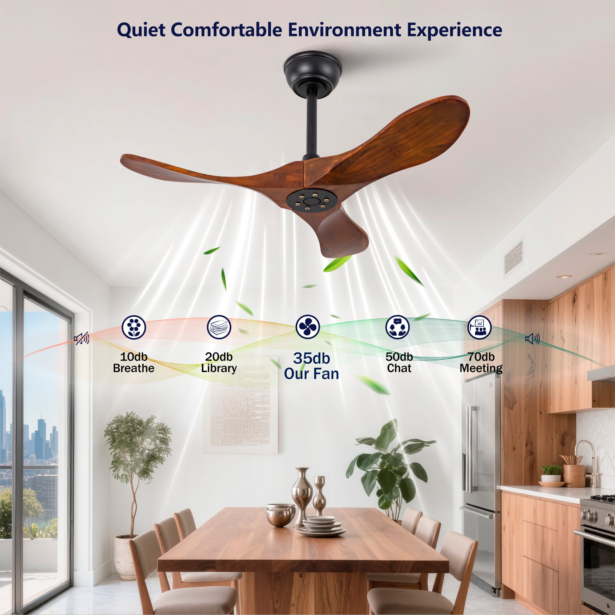 Ceiling Fan No Light, 36 Inch 3 Blades Solid Wood Outdoor Fan with Remote Control for Patio Living Room Bedroom, Black Dark Walnut