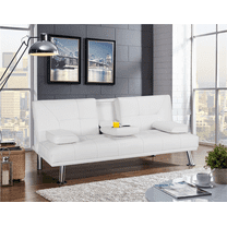 Renwick LuxuryGoods Modern Faux Leather Futon with Cupholders and Pillows, White