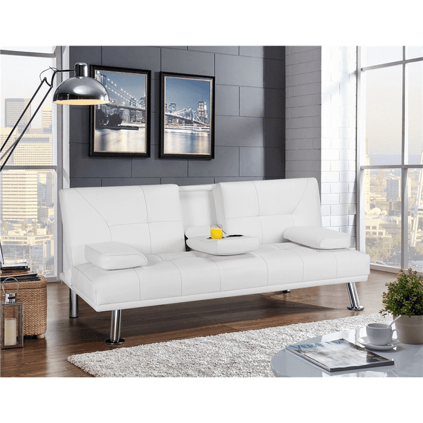 Yaheetech Modern Faux Leather Futon Sofa Bed Home Recliner Couch, White