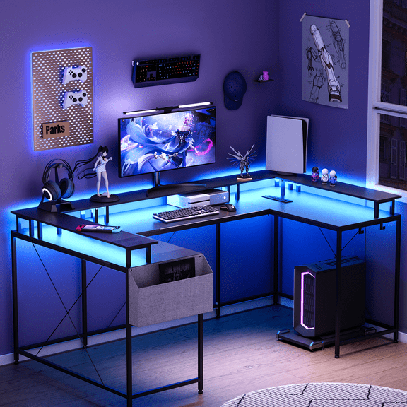U Shaped Computer Gaming Desk with Power Outlets & USB Ports, LED Strip and Monitor Stand, Reversible L Shaped Desk with Storage Shelves for Home Office