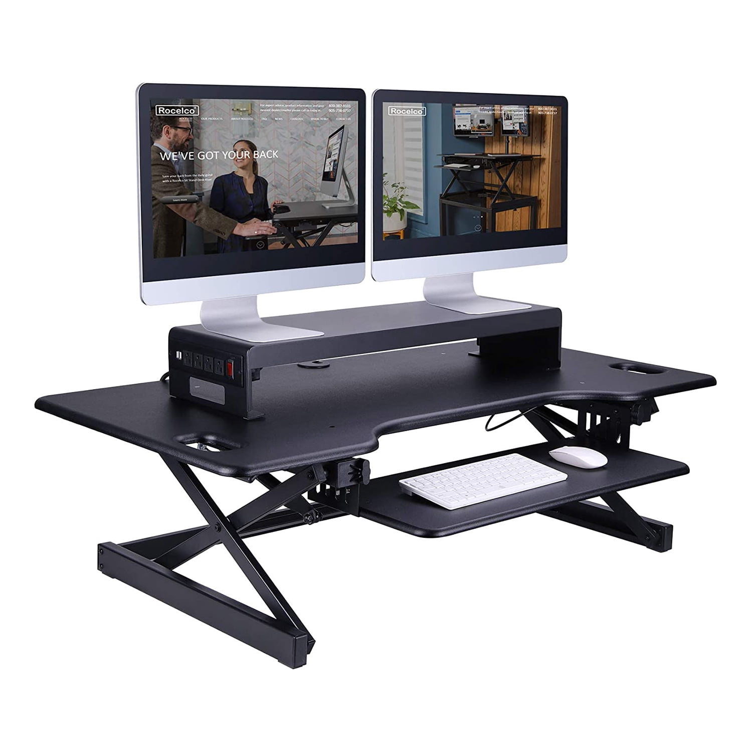Rocelco 30" Premium Dual Monitor Stand with AC Power Supply & USB 2.0 Charging | Metal Laptop TV PC Riser Shelf with Keyboard Mouse Storage and Cable Management | Black (R DMS)