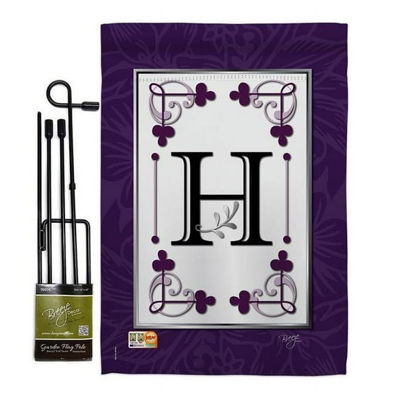 Breeze Decor BD-SB-GS-130008-IP-BO-D-US09-BD 13 x 18.5 in. Classic H Initial Interests Simply Beauty Impressions Decorative Vertical Double Sided Garden Flag Set with Banner Pole
