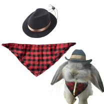Rabbit Cowboy Hat and Scarf Set, Cute Bunny Costume Hat and Bandana, Small Pet Outfits for Rabbits Cats Dogs, Halloween Dress Up (Black-Red)