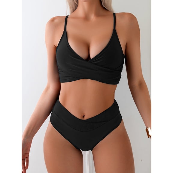Top-kevin Women's High Waisted Bikini Sets Push Up Twist Front Spaghetti Straps Ruched Two Piece Swimsuit Bathing Suit