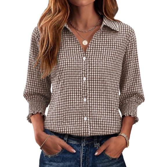 Button Down Shirts for Women 3/4 Length Sleeve Business Casual Blouses 2026 Summer Tops,XL