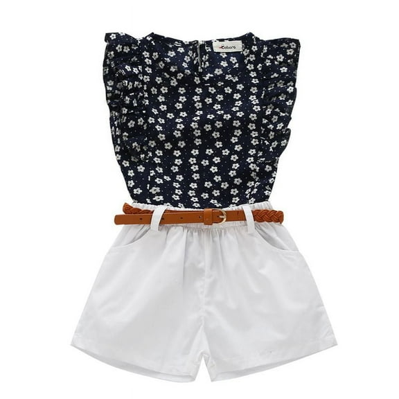 Baby Girl 3Pcs Outfits kids Girls Floral Sleeveless T-shirt Shorts Set with Belt