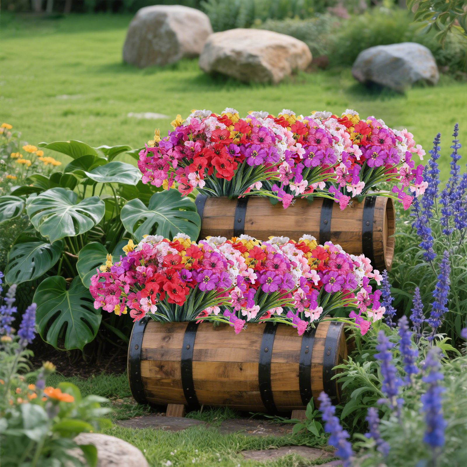 18 Bundles Artificial Flowers for Outdoor,No Fade Fake Plastic Flowers Faux Plants for Decoration Hanging Planters Indoor Outside Garden Porch Window Box Home Wedding Farmhouse