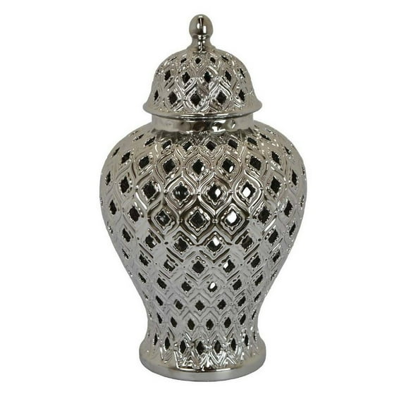 Deni 18 Inch Temple Jar Pierced Carved Lattice Design Lid Silver - Saltoro Sherpi