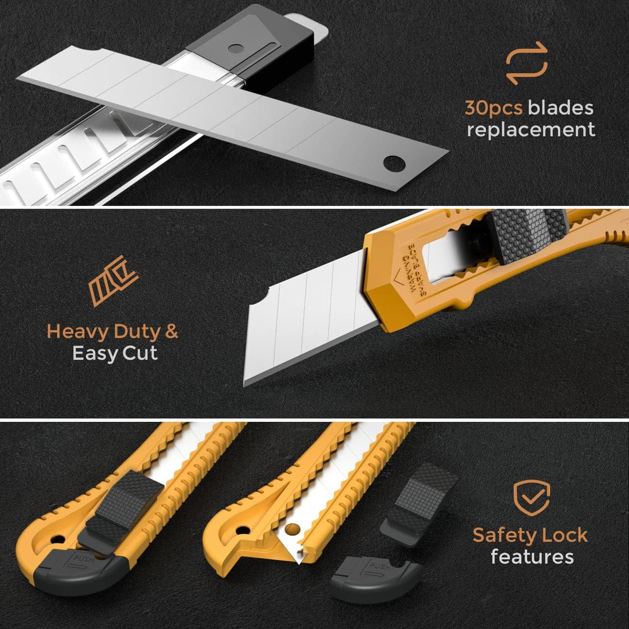 Folding Utility Knife with Stainless Steel Head, Quick-change Blade & Back Lock, Wood Handle Heavy Duty Box Cutter, 1PC Razor Knife with Extra 10PC SK5 Blades