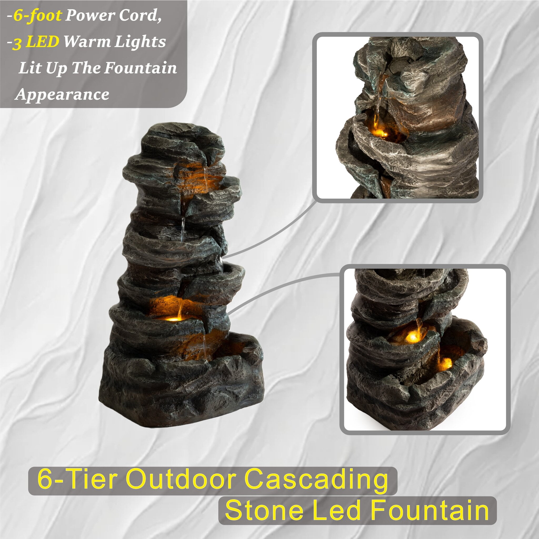 Morufur 35“ Outdoor Water Fountains with Cascading Stacked Stones, 6-Tiers Fountains with LED Lights, Freestanding Resin Water Feature for Garden Patio Backyard, Gray