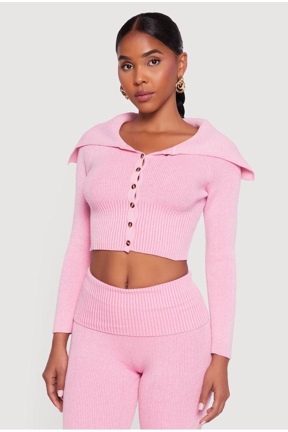 Women's Fold Over Collar Ribbed Knit Button Front Sweater