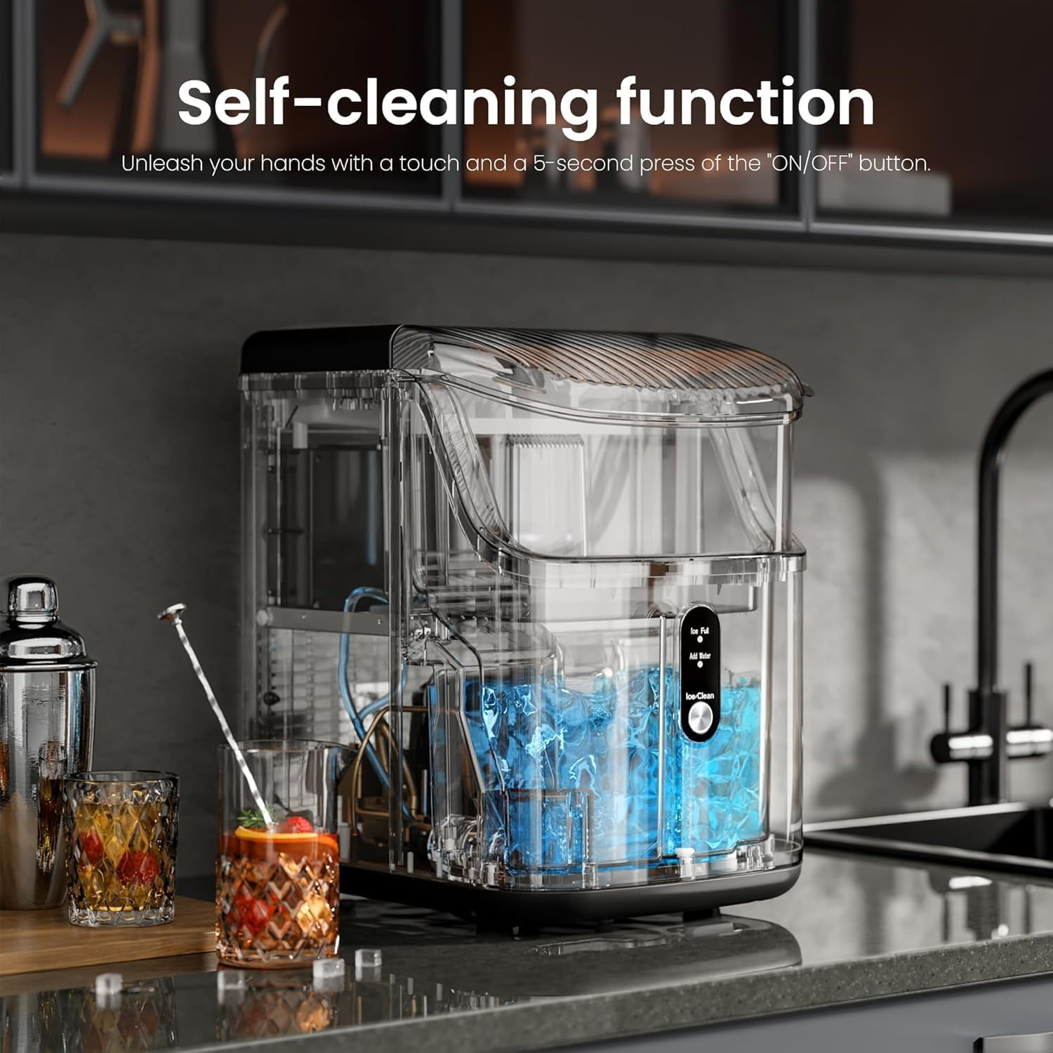 KISSAIR Nugget Ice Maker Countertop, 35lbs/24H with Self-Cleaning Function, Portable Sonic Ice Machine for Home/Office Stainless Steel,Sliver