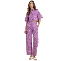 Moomaya Printed 2 Pcs Cotton Co-Ord Set, Short Sleeves Crop Shirt With Pants