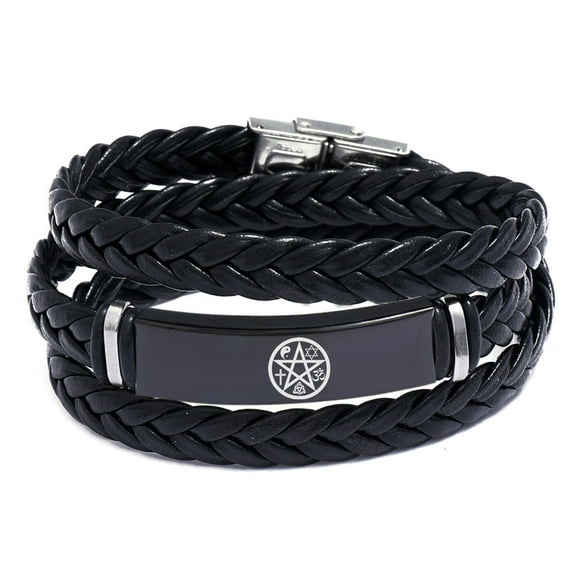Blessing Pentacle Religious Symbol Jewelry - Christ Cross Yin Yang OM Star of David Triquetra Infinity Knot Amulet Wrap Leather Bracelet for Men Women Talismanic Gifts, Black