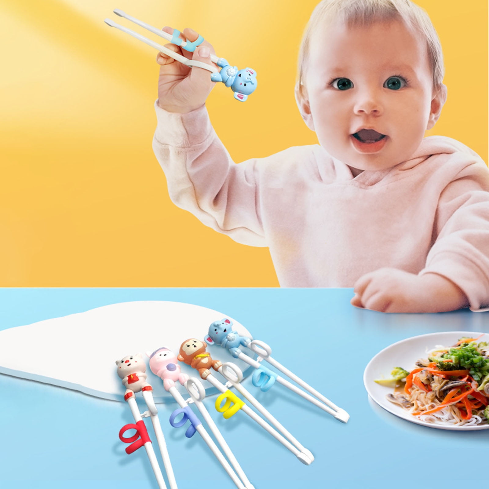 1 Pair Children Chopsticks Food Grade with Ring Smooth Surface Easy to Use Widened Non slip Chopstick Tips Training Animal Design Toddler Chopsticks