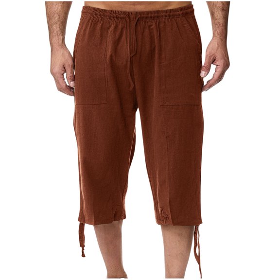 Beach Linen Capris for Men Casual Drawstring Wide Leg Lounge Summer Vacation Capri Pants with Pockets Brown, 2XL