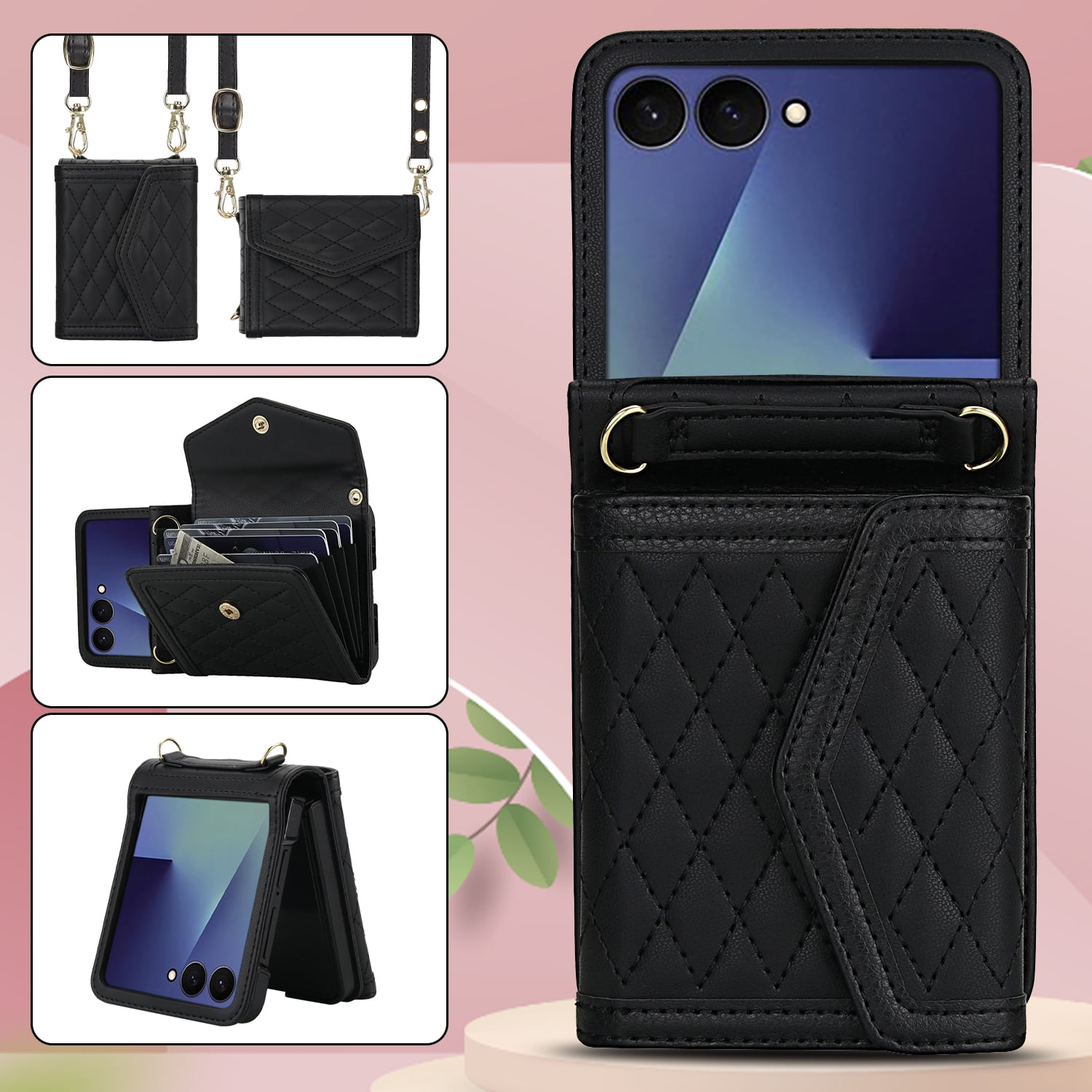 ShellTech for Samsung Galaxy Z Flip 7 PU Leather Flip Case with Wrist Strap, RFID Blocking PU Leather Crossbody Wallet Phone Case with Card Slot Cash Pocket Kickstand Case Cover,Black