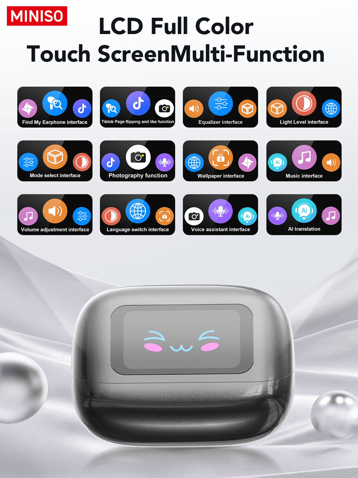 Clip-on Earbuds, Miniso MS199 AI Real-Time Translation Wireless, Open Ear Bluetooth 5.4, 130+ Languages, IPX5 Waterproof for Travel/Gym,With LED Touch Screen,Type-C Fast Charge, Gunmetal
