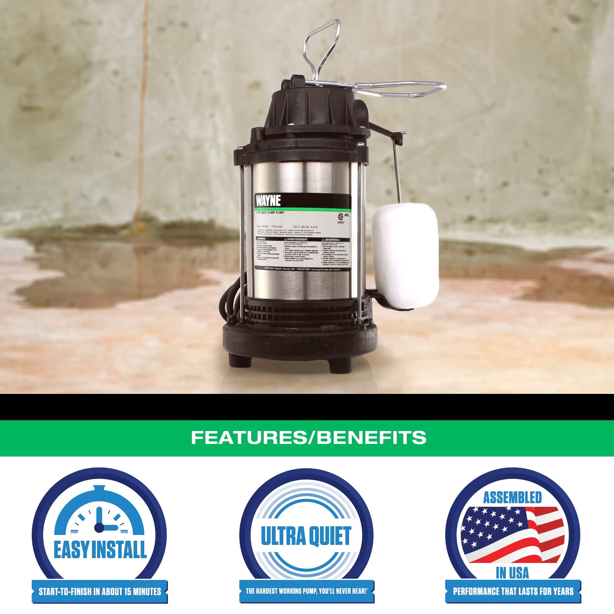 WAYNE 1 HP Submersible Sump Pump With Vertical Float Switch - Cast Iron/Stainless Steel