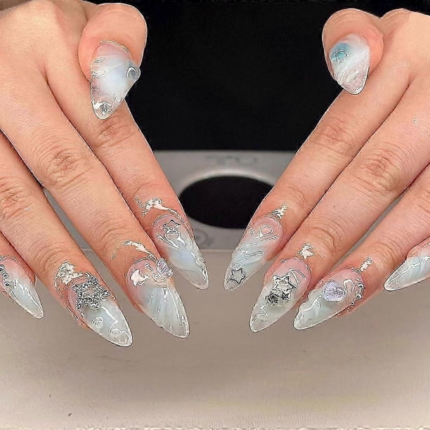 Almond Gradient Blue Jelly 3D Sweet Butterfly Heart Diamond Star Sweet Coquette Press on Nails with Nail Glue,Y2K Airbrushing Baby Blue Fake Nails