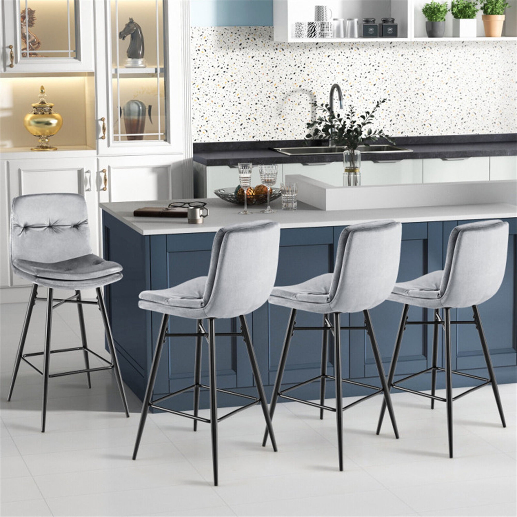 Demi Bonn 29" 2 Pieces Velvet Bar Stools Set with Tufted Back and Footrests, Modern Dining Chair, Gray