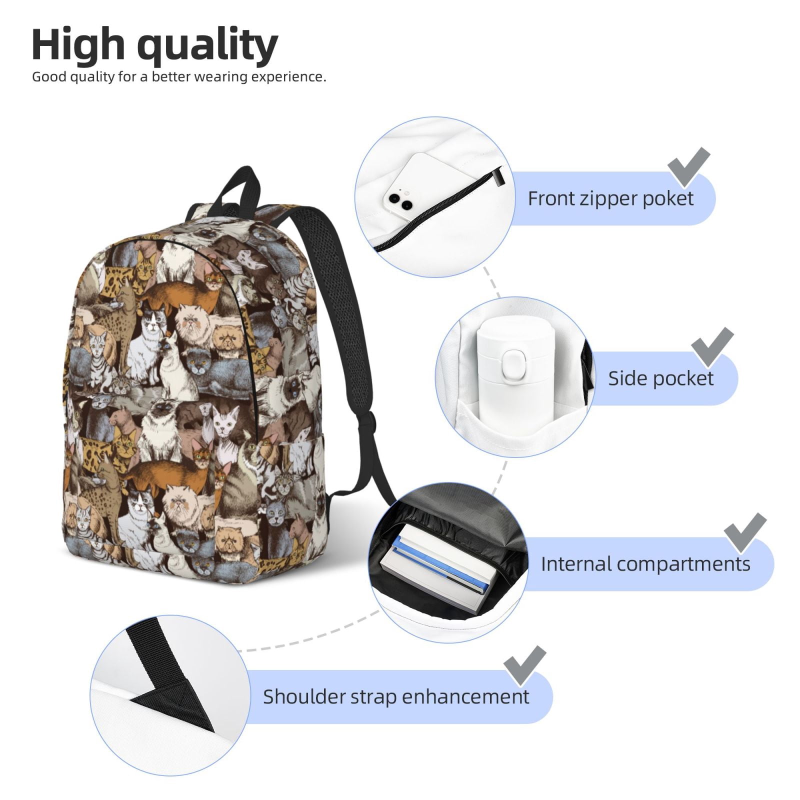 Defioc Cut Cats for Canvas Backpack,Travel Rucksack Unisex Knapsack Laptop Backpack for Work & College -Small