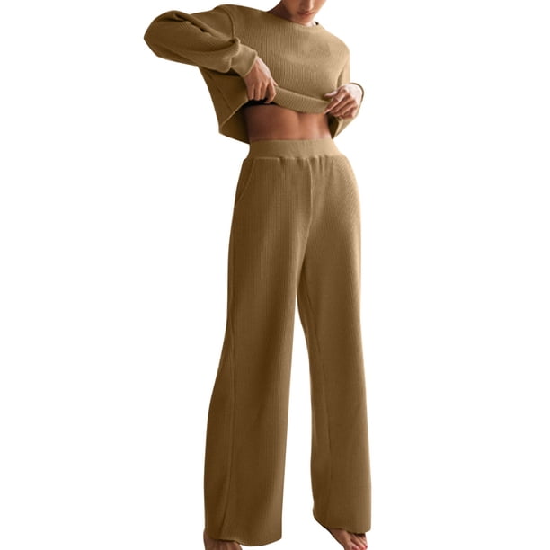 Gibobby Conjunto de sudadera informal para mujer Mujer tan moda suelta Crop Top elástico pantalones de pierna ancha Relax tela Casual ropa deportiva(Caqui,M)