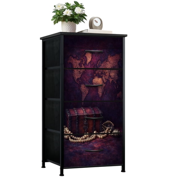 Gothic Dresser for Bedroom with 4 Storage Drawers Vintage world map old stained parchment Dressers Chest of Drawers Steel Framed Fabric Closet Organizers for Boys Man Cave Dorm Entryway