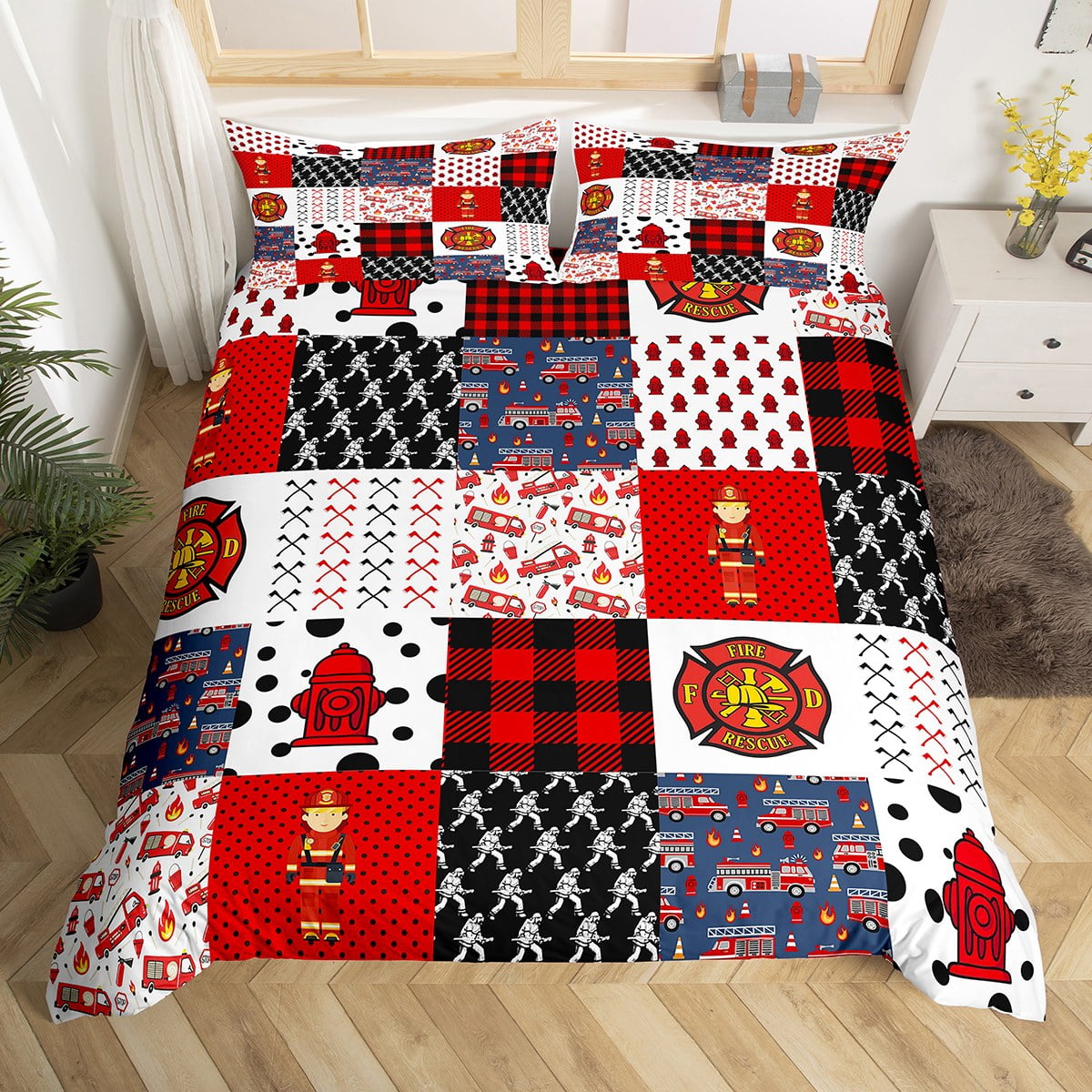 YST Kids Fire Truck Bedding Sets Full Cute Firefighter Comforter Cover