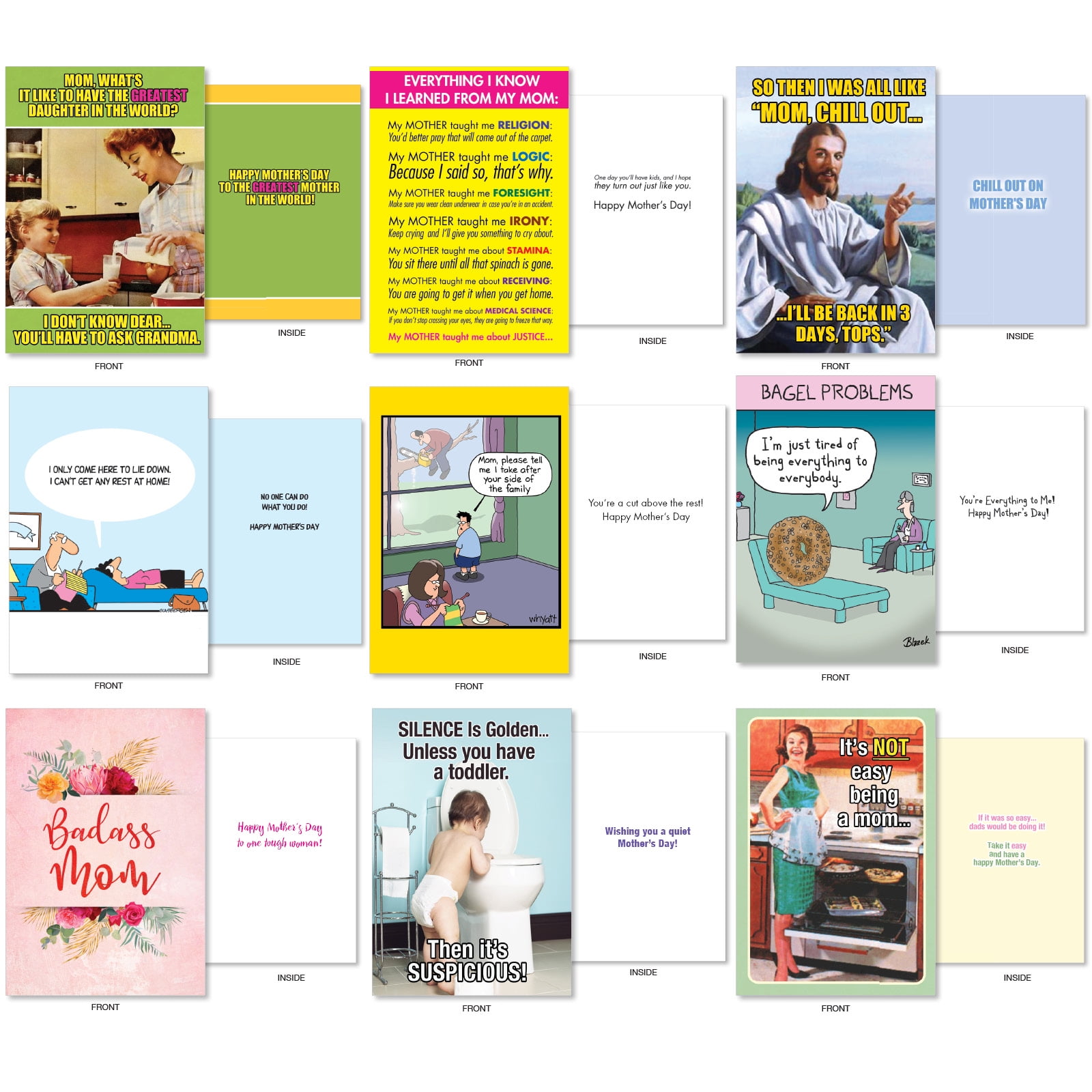 NobleWorks 36 Assorted Box Set Funny Mother's Day Greeting Cards w/5 x 7 Inch Envelopes (36 Designs, 1 Each) Mom Top Moms AC10242MDG-B1x36