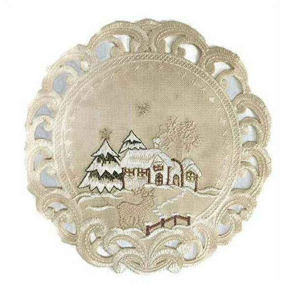 Doily Boutique Christmas Round Doily with Reindeer and Cabin on Tan Burlap Linen Fabric Size 7 inches