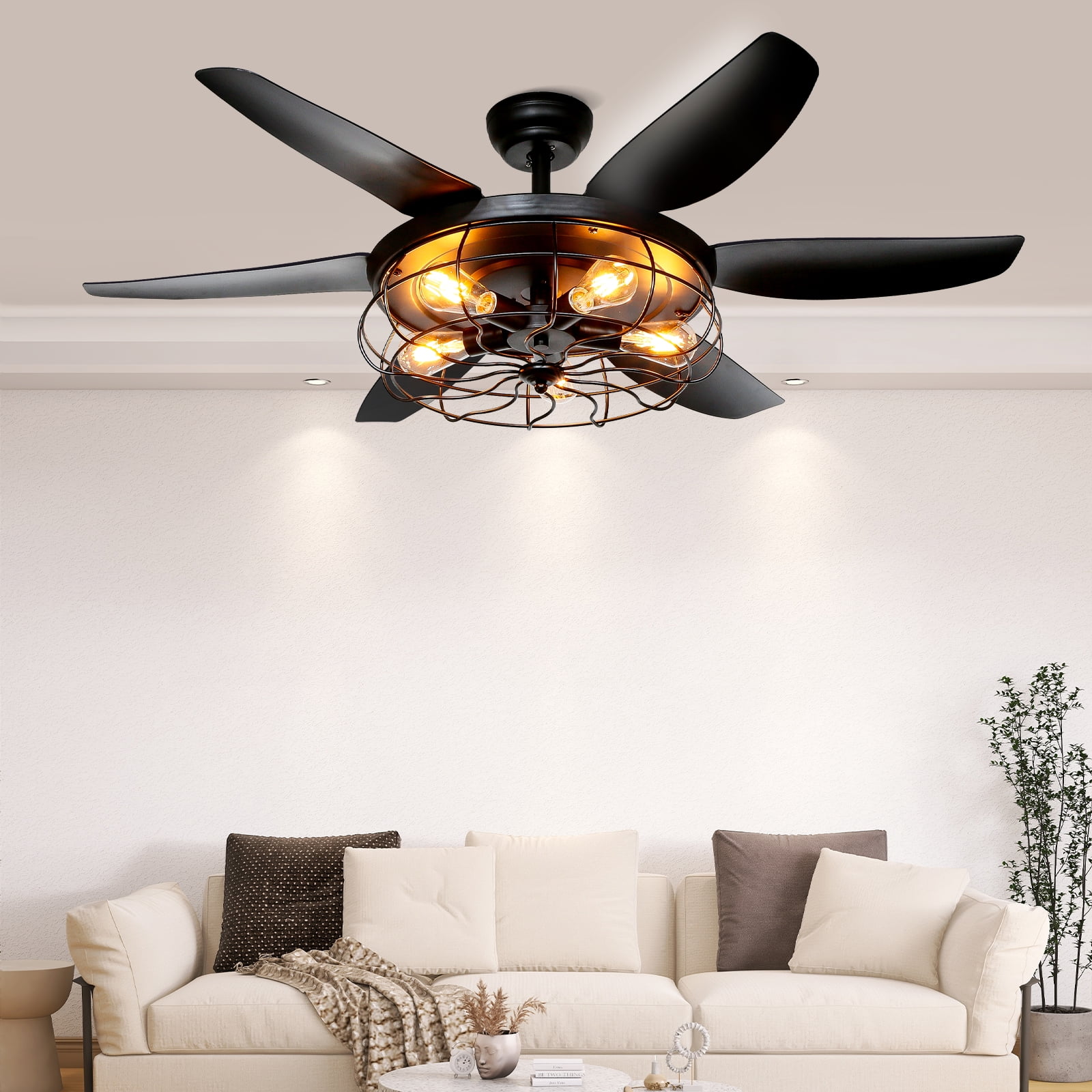 Ohniyou 52" Caged Outdoor Ceiling Fan with Light and Remote Farmhouse Rustic Black Ceiling Fans for Patio Home Kitchen Bedroom