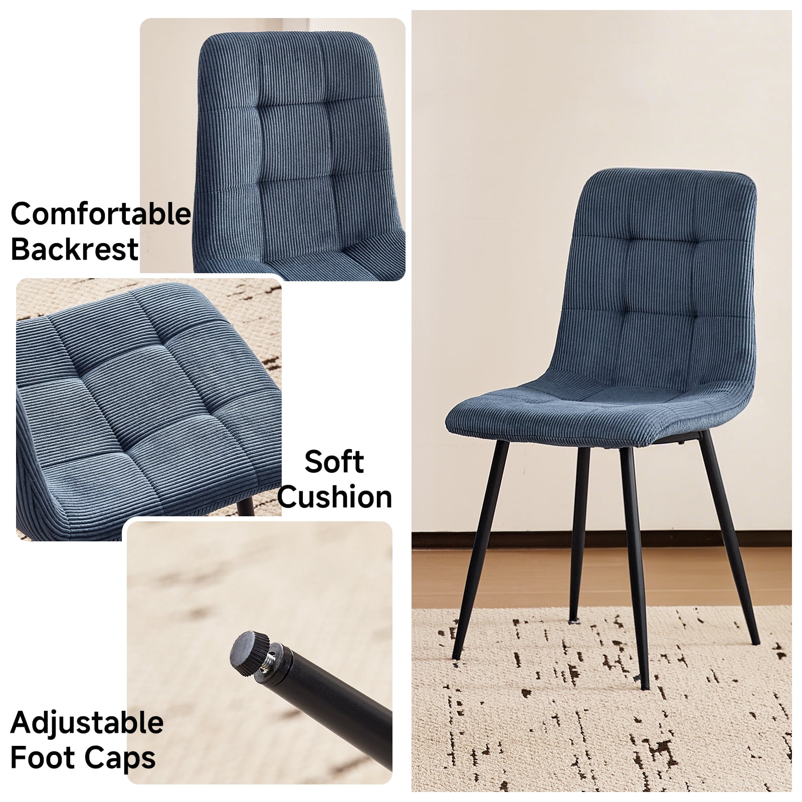 47" Round Dining Table Set of 4 Brown, Blue Corduroy Dining Chair Set of 4