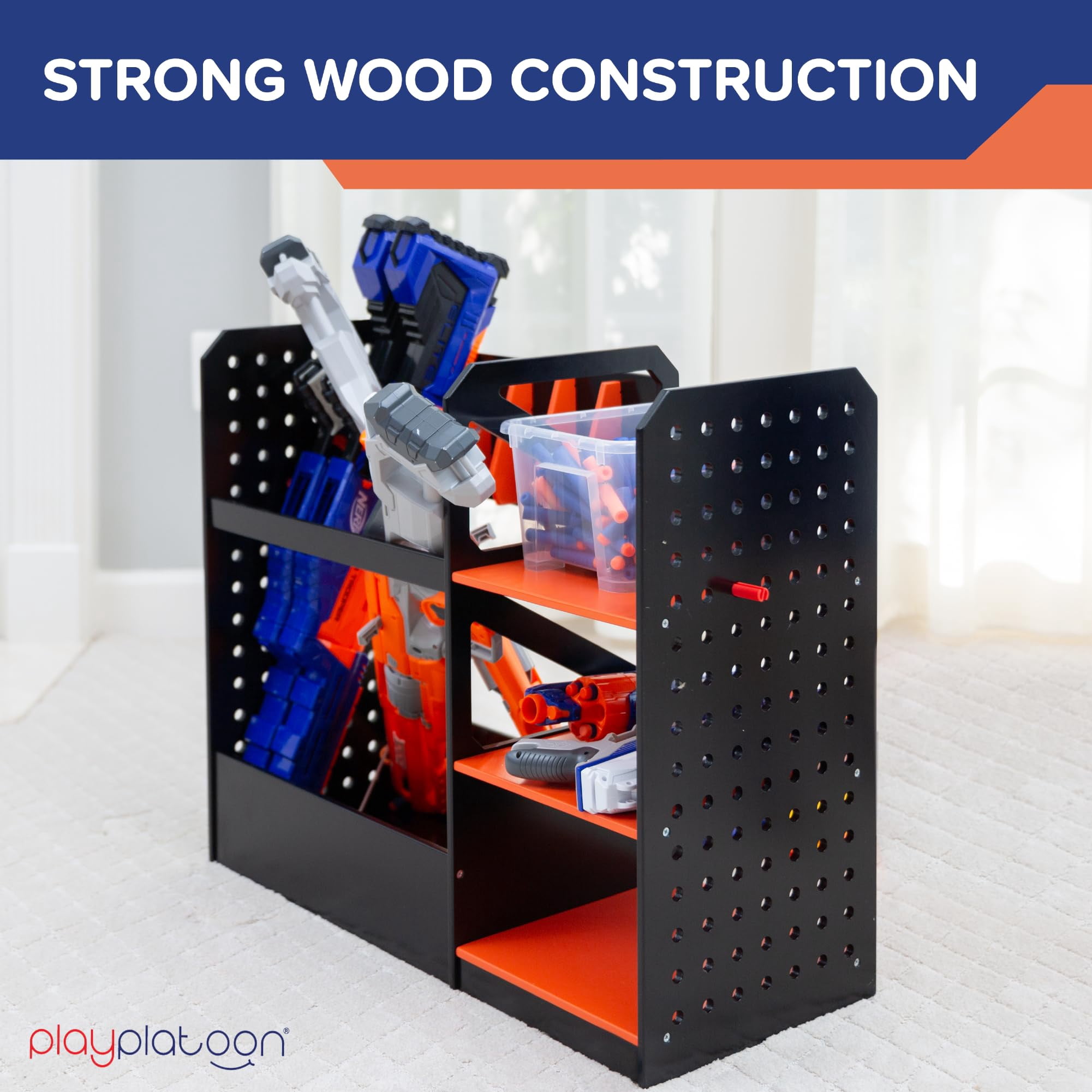 Play Platoon Storage Rack for Nerf Gun Storage & Nerf Accessories, Sturdy Wood Construction, Dart Holder & 6 Toy Gun Holder for Wall with Pegboard Wall Organizer - Includes 20 Pegs