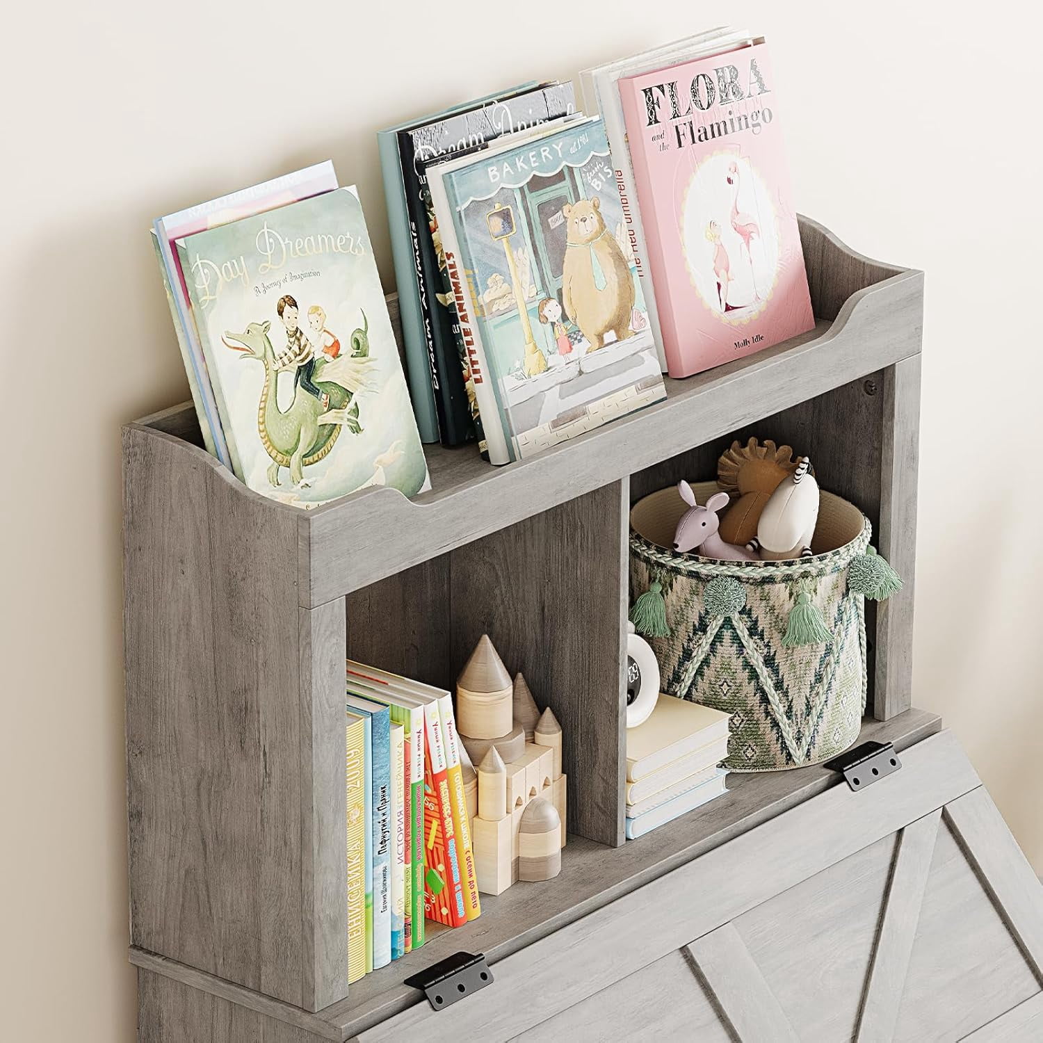 Kids Toy Storage Organizer with Flip-Top Lid & 2-Tier Bookshelf, Wooden Toy Chest and Bookcase for Playroom, Bedroom, Nursery, Grey