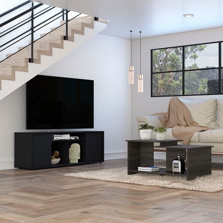 DeeHome Danville 2 Piece Living Room Set, Dallas Tv Stand + Leanna 3 Coffee Table, Black / Espresso, Black / Espresso