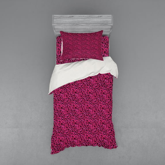 Ambesonne Abstract Bedding Set 3 Pcs, Romantic Flowers in Bloom, Twin XL, Charcoal Grey Hot Pink