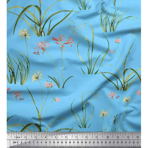 Soimoi Blue Cotton Duck Fabric Grass,Wildflower & Floral Print Fabric by Yard 56 Inch Wide