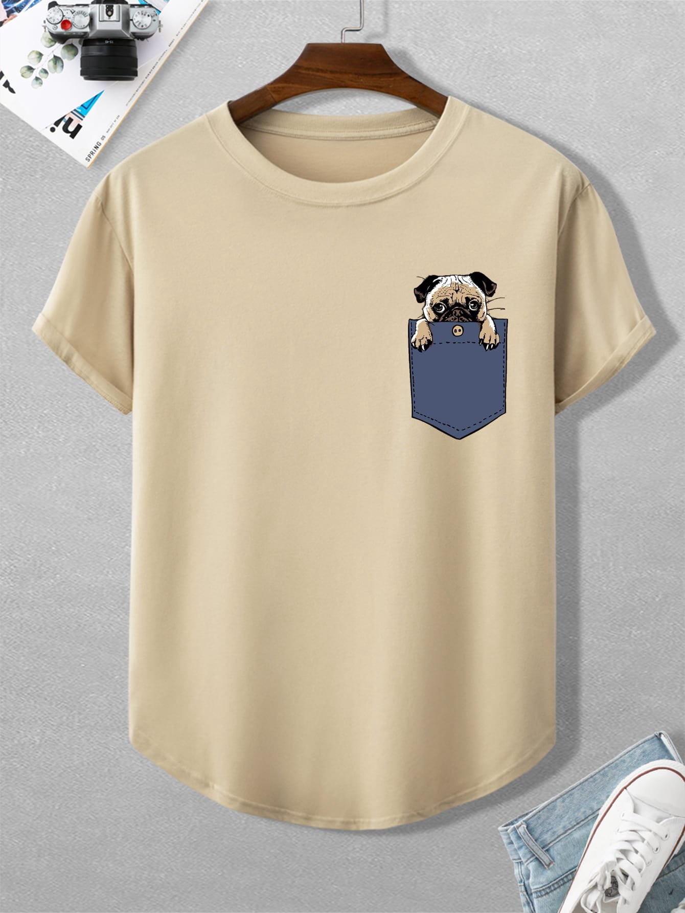 Khaki Men Dog Pocket Print Tee Preppy L 