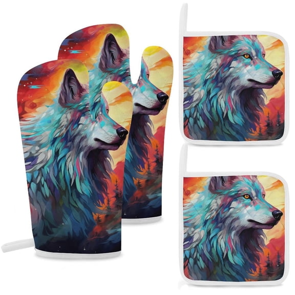 Colorful Lone Wolf Insulated Gloves And Pot Mats (four Piece Set)