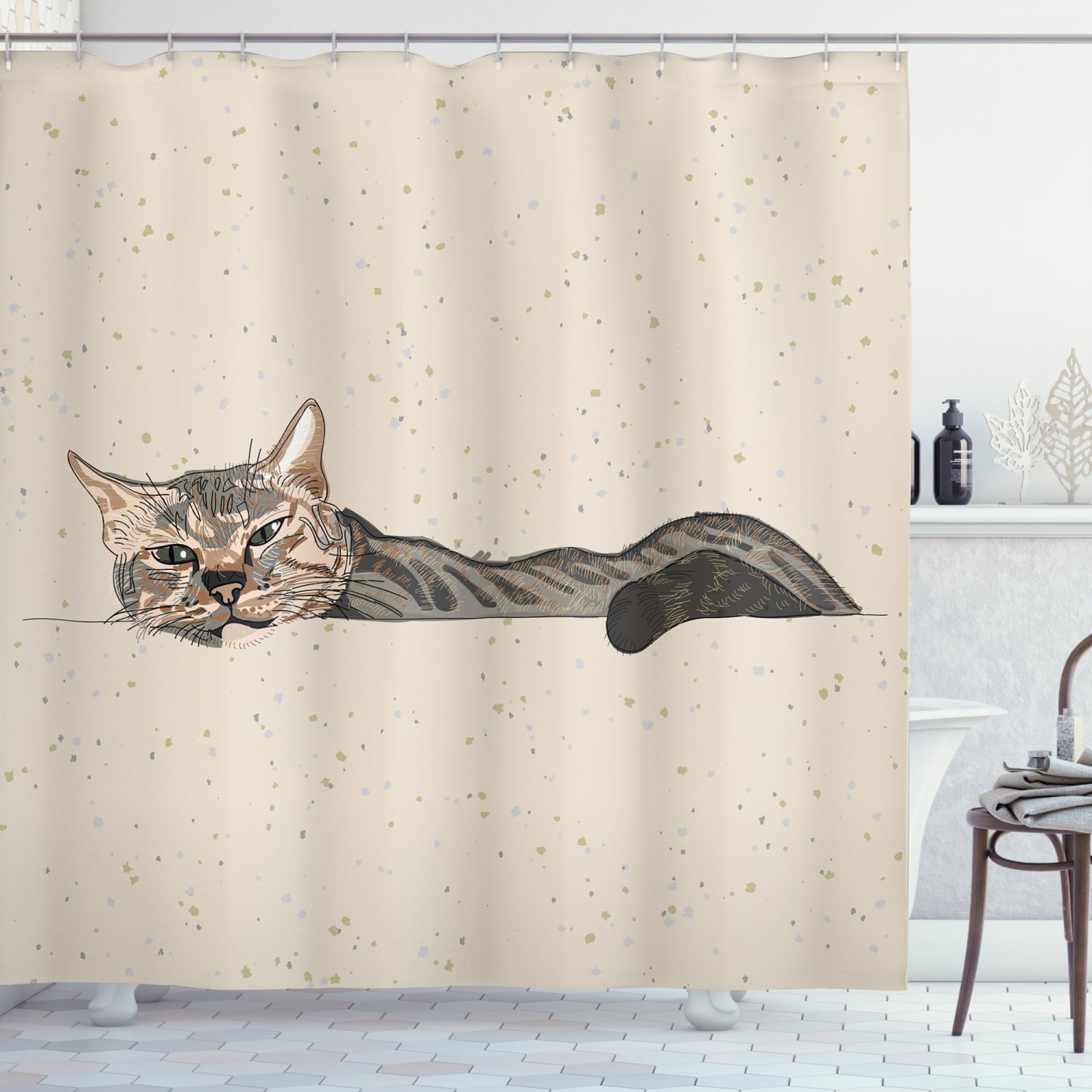 Waterproof Fabric Green Eyed Cat Shower Curtain Liner Bathroom Decor 12Hooks Set 
