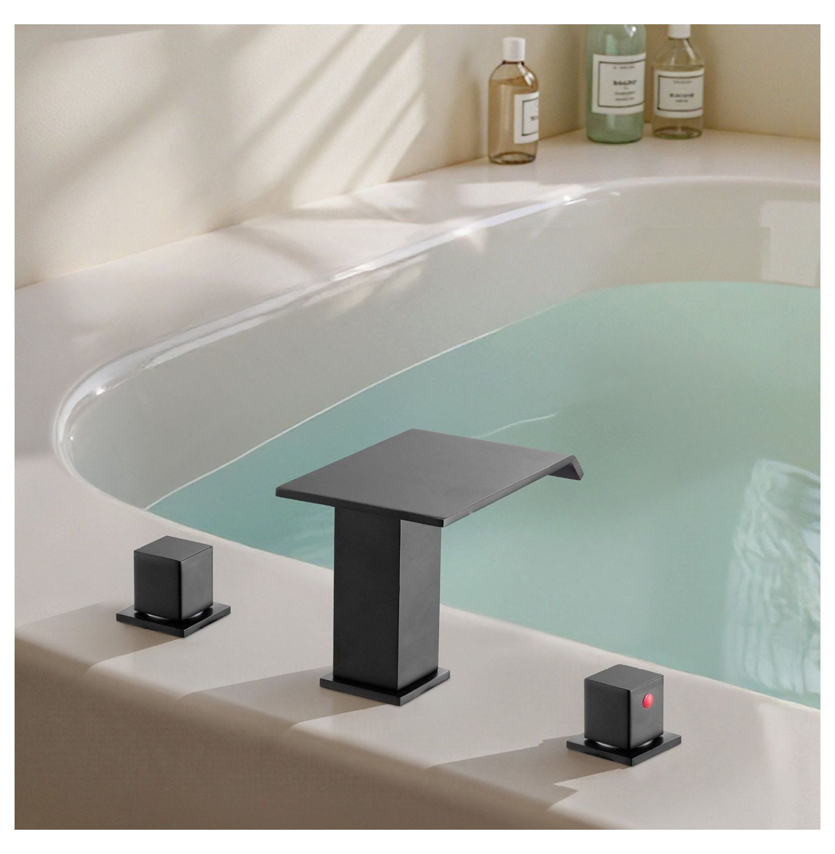 Roman Tub Faucet 3 Hole, Waterfall Bathtub Faucet with Handles, Deck Mount Tub Spout for Pet/Baby, Matte Black, Drip-Free