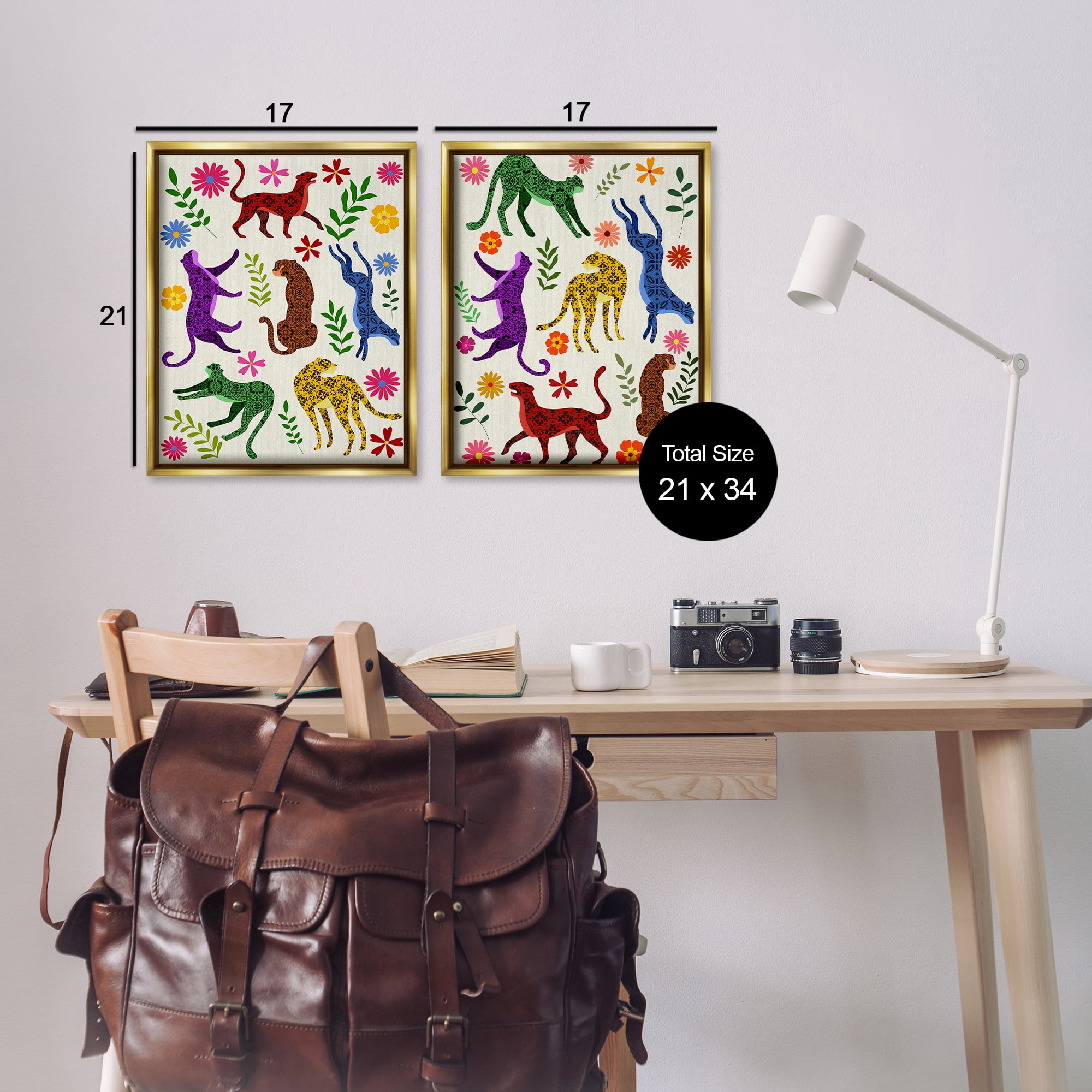 Stupell Industries Patterned Floral Jungle Cats Animals Painting Gold Floater Framed Canvas Art Print Wall Art, 17 x 21, Set of 2