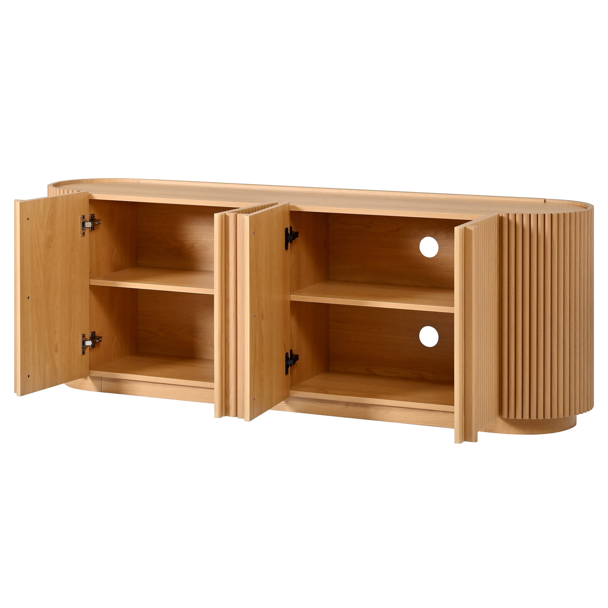 Leumius Mid Century Wood TV Stand with Fluted Tambour-Style Door, Farmhouse Media Console with Adjustable Shelves, Curved Edge TV Cabinet with Cable Management for Living Room, Natural