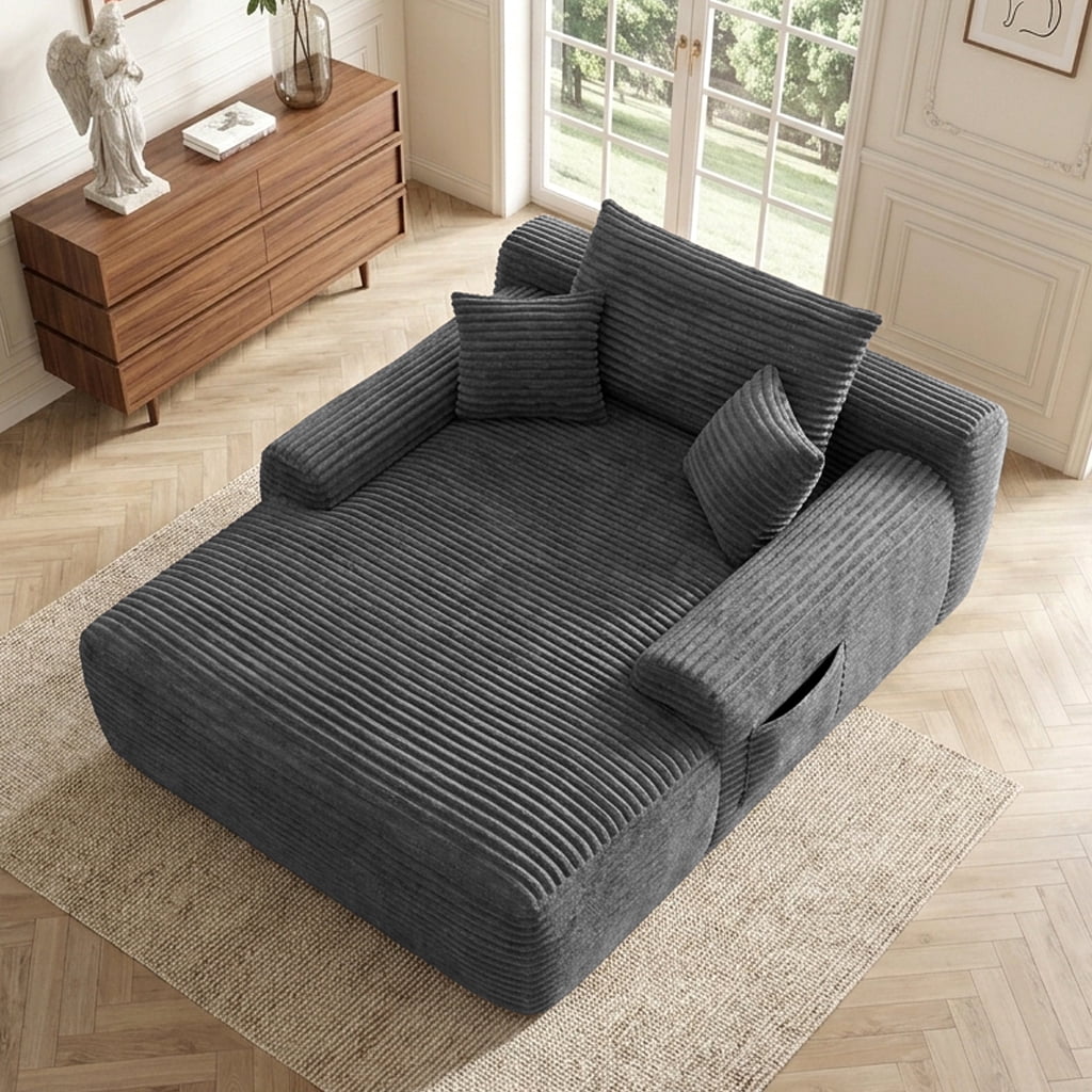 Howcool 65" Oversized Chaise Lounge Chair, Corduroy Boneless Sleeper Sofa Bed with Wide Armrest & Throw Pillows, Deep Seat Lounge Chair for Living Room, Bedroom & Apartment,Grey
